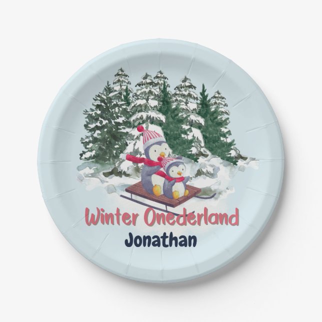 Prato De Papel Winter Onederland First Birthday Cute Penguins on (Frente)