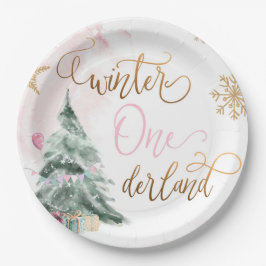Prato De Papel Winter Onederland Girl Dourada Rosa primeiro anive