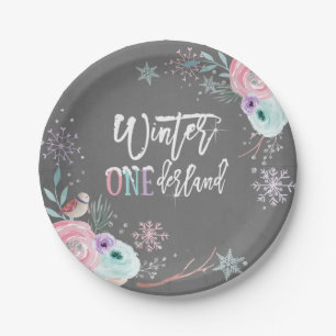 Prato De Papel Winter ONEderland Silver Silver Glitter Pink Flora