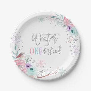 Prato De Papel Winter ONEderland Silver Silver Glitter Pink Flora