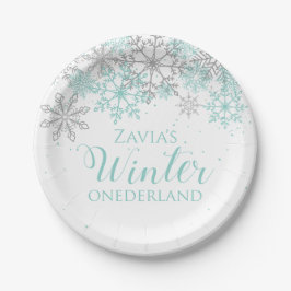 Prato De Papel Winter Onederland Teal Silver First Birday Plate