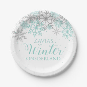 Prato De Papel Winter Onederland Teal Silver First Birday Plate