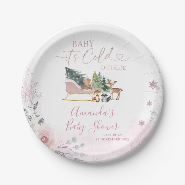 Prato De Papel Winter Pastel Pink Snowflake Sleigh Baby Shower (Frente)