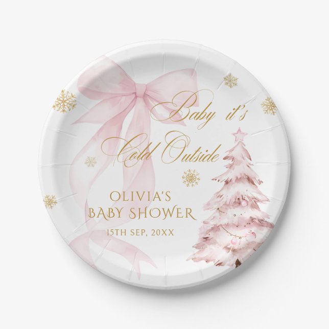 Prato De Papel Winter Pink Bow Baby It's Cold Outside Baby Shower (Frente)