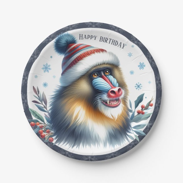 Prato De Papel Winter Vibes Mandrill - Aniversário (Frente)