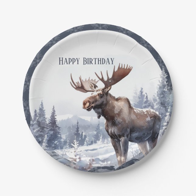Prato De Papel Winter Vibes Moose - Aniversário (Frente)