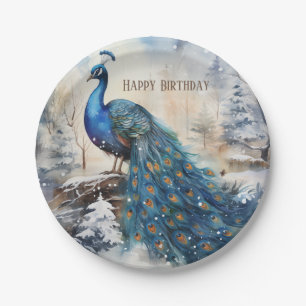 Prato De Papel Winter Vibes Watercolor Peacock - Aniversário