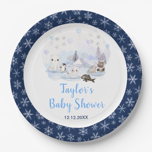 Prato De Papel Winter Wonderland Arctic Animals Baby Shower (Frente)