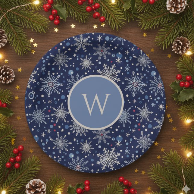 Prato De Papel Winter Wonderland Snowflake (Snowflake Holiday initial paper plates)