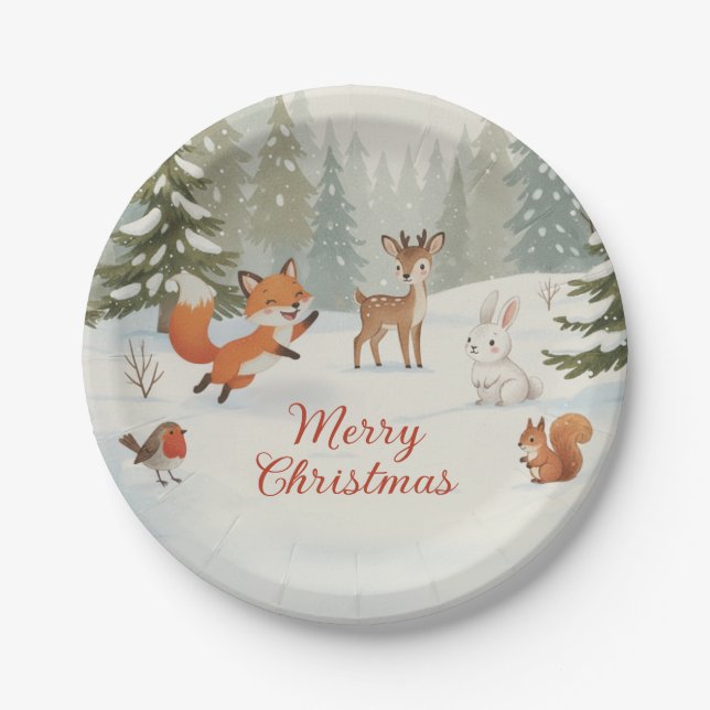 Prato De Papel Winter Woodland Merry Christmas Forest Animals (Frente)