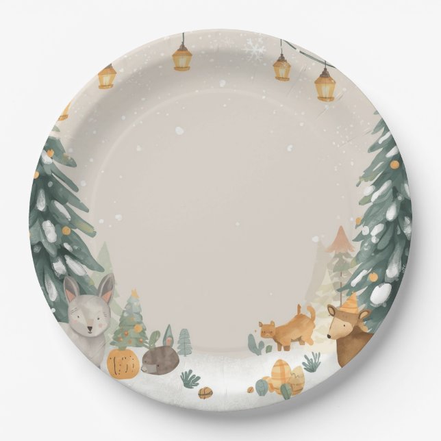 Prato De Papel Winter Woodland Paper Plates – Snowy Pine Trees (Frente)