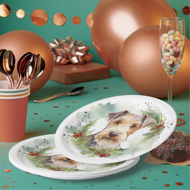 Prato De Papel Wirefox Terrier Wreath de Natal Festivo Pup (Múltiplo)