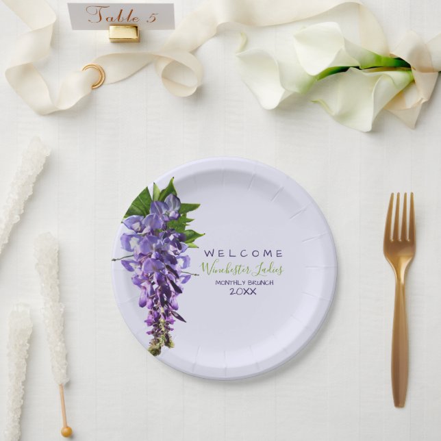 Prato De Papel Wisteria Flowers de Boas-Vindas Nome Personalizado (Casamento)