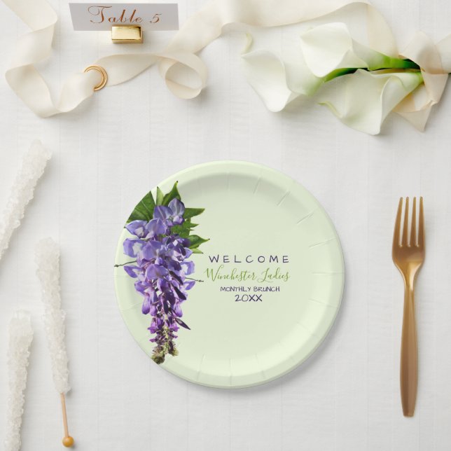 Prato De Papel Wisteria Flowers de Boas-Vindas Nome Personalizado (Casamento)