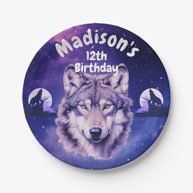 Prato De Papel Wolf Galaxy Stars Festa de aniversário Cósmica (Frente)