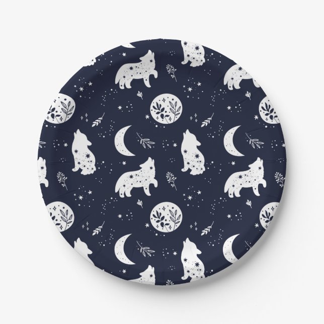 Prato De Papel Wolf Pup Howling na lua (Frente)