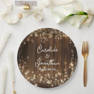 Prato De Papel Wood Rustic String Lights White Floral Weding