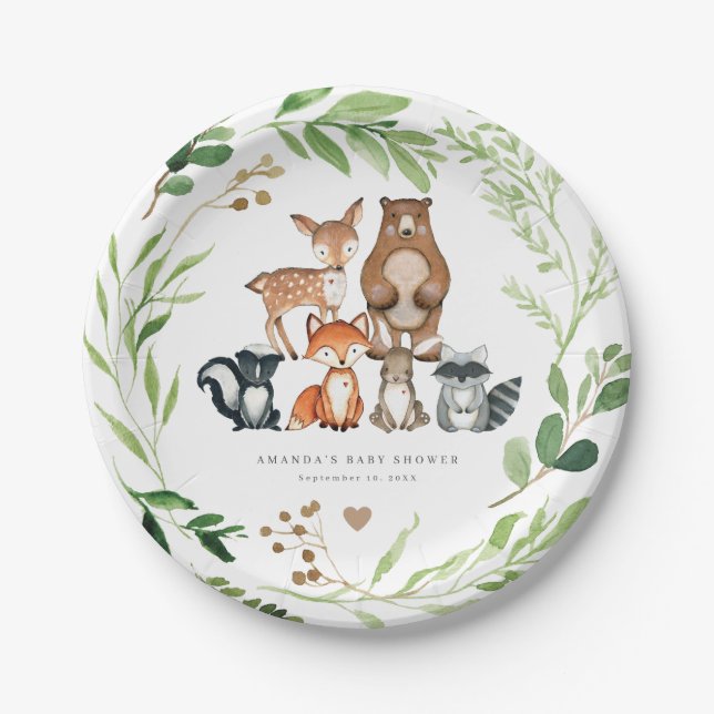 Prato De Papel Woodland Animals Baby Shower Paper Plates (Frente)