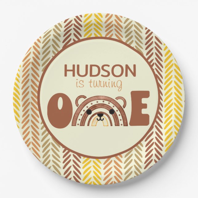 Prato De Papel Woodland Boho Rainbow Bear Primeiro Aniversário (Frente)