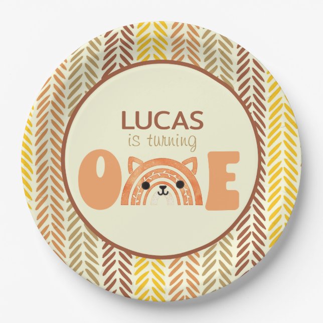 Prato De Papel Woodland Boho Rainbow Fox Primeiro Aniversário (Frente)