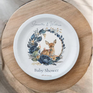 Prato De Papel Woodland Deer Blue Flowers Boho Leaves