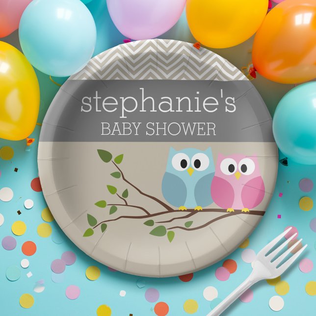 Prato De Papel Woodland Owl Baby Girl Gender Chá (Personalized Baby Shower Plates - Cute Woodland Owl)