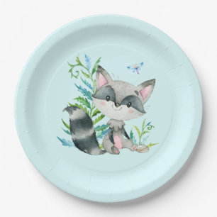 Prato De Papel Woodland Raccoon Whimsical Aqua