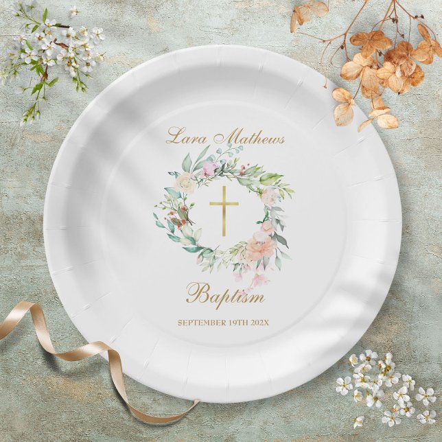 Prato De Papel Woodland Rosa Garland Baptism Christening (Woodland Rose Garland Baptism Christening Paper Plates)