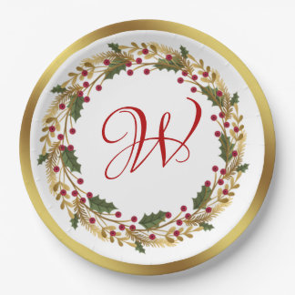 Prato De Papel Wreath Christmas Green Holly deixa Red Berry