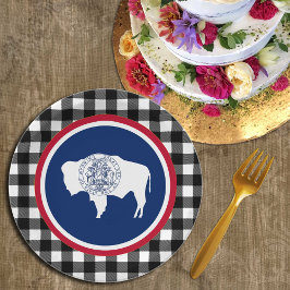 Prato De Papel Wyoming Plate, xadrez de búfalos EUA e Sinalizador