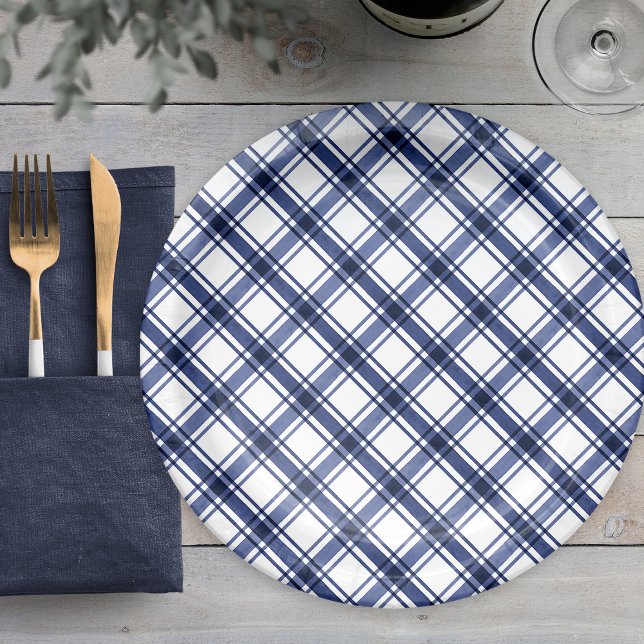 Prato De Papel Xadrez azul (Blue Plaid Paper Plates
)