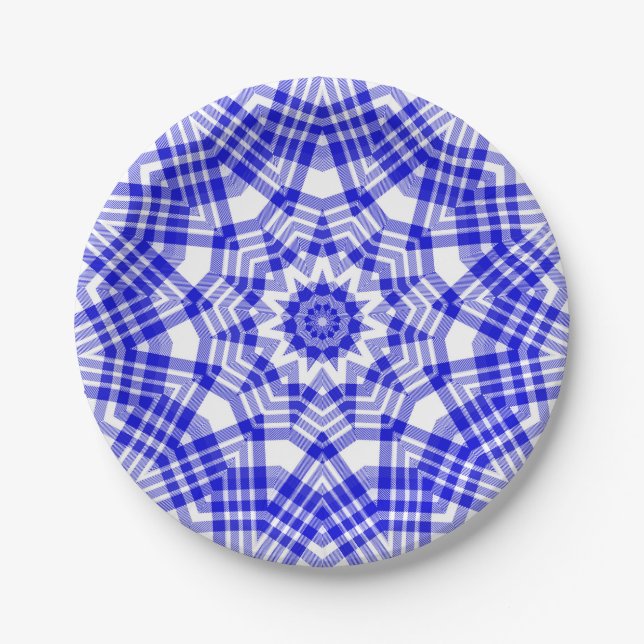 Prato De Papel Xadrez branca Caleidoscópio azul n (Frente)