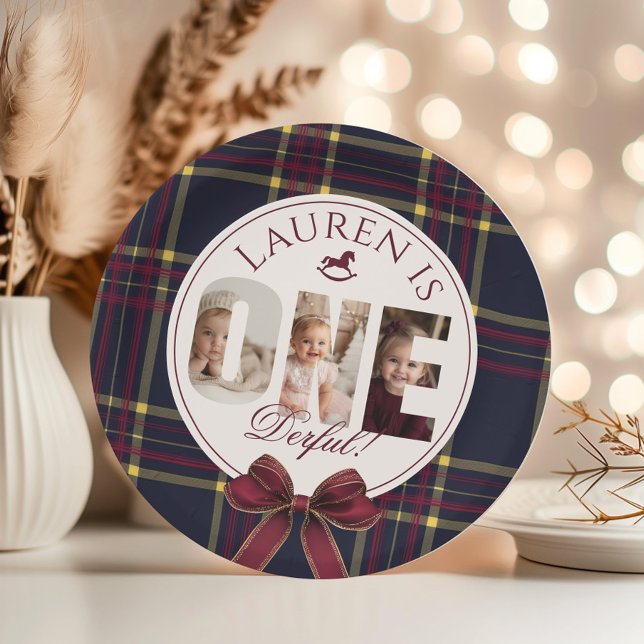 Prato De Papel Xadrez Clássica OneDerful 1rua Birtdhay Burgundy (Criador carregado)