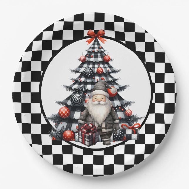 Prato De Papel Xadrez de Búfalo Preto e Branco de Natal  (Frente)