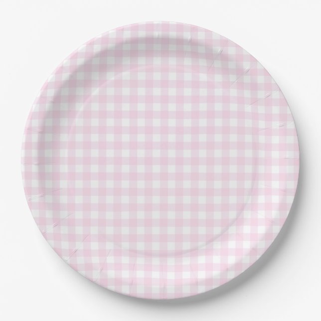 Prato De Papel Xadrez de Gingham Bebê Rosa (Frente)