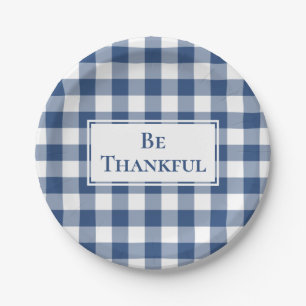 Prato De Papel Xadrez de Gingham Branco Azul de Ação de Graças