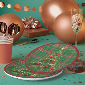 Prato De Papel Xadrez de Natal Verde, Vermelho com Dourado