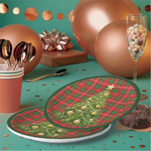 Prato De Papel Xadrez de Natal Vermelho, Verde com Crostas Dourad