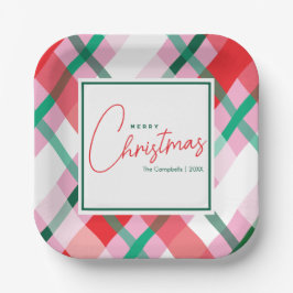 Prato De Papel Xadrez de Natal Vermelho Verde e Rosa Alegre