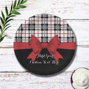 Prato De Papel Xadrez de Tartan Vermelho Branco Preto e Fita Verm