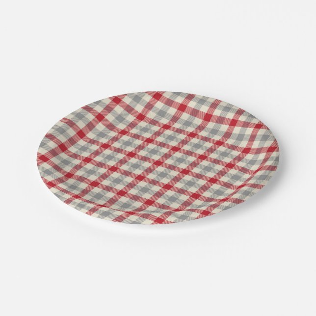 Prato De Papel Xadrez estilo fazenda vermelho e cinza (Inclinado)