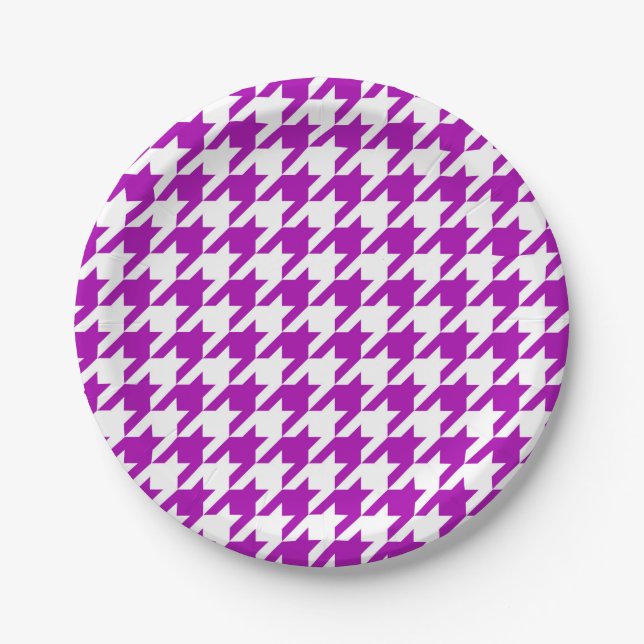 Prato De Papel Xadrez Houndstooth Branco Roxo (Frente)