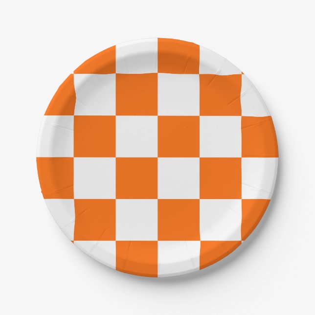 Prato De Papel Xadrez Laranja e Branco (Frente)