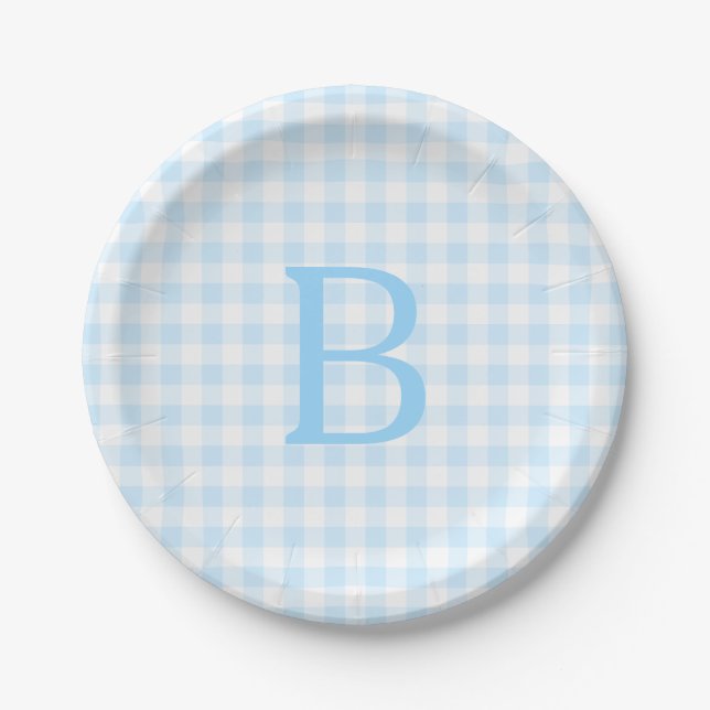 Prato De Papel Xadrez Monogramado Azul Pastel e Branco (Frente)