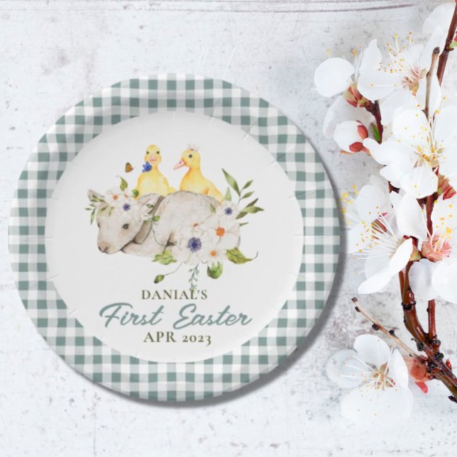 Prato De Papel Xadrez Pintinho Pequena Lambe Minha Primeira Pásco (Criador carregado)