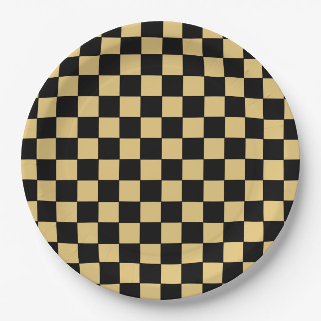 Prato De Papel Xadrez Preto e Dourado (Frente)