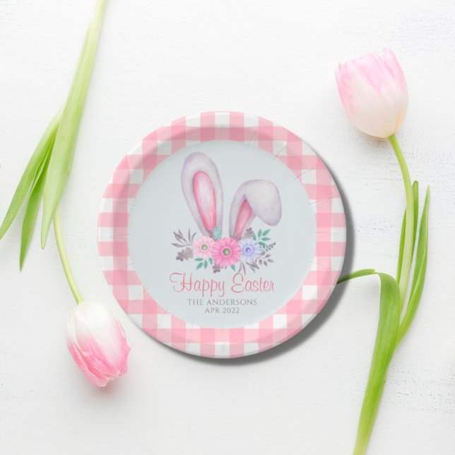 Prato De Papel Xadrez Rosa Aquarela Carnes Flóridas Orelha Páscoa (Criador carregado)