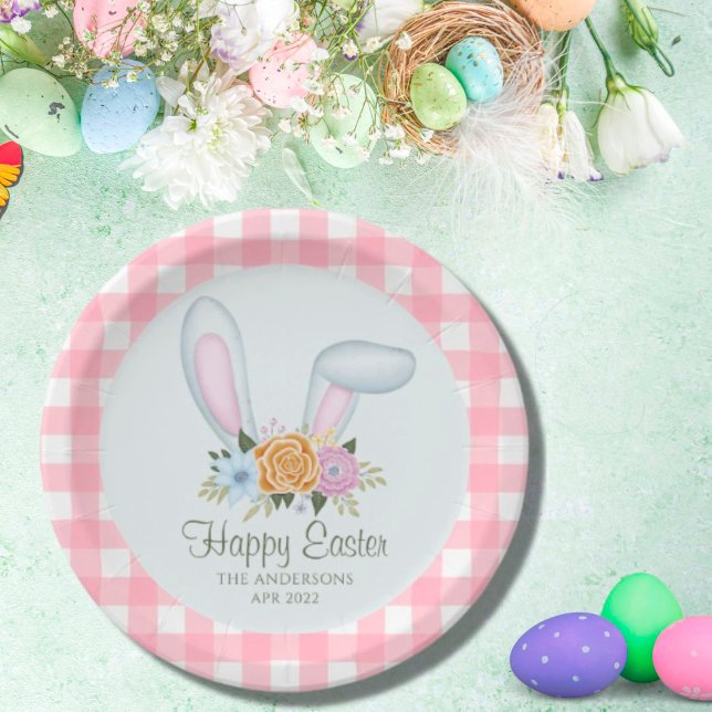 Prato De Papel Xadrez Rosa Aquarela Carnes Flóridas Orelha Páscoa (Criador carregado)
