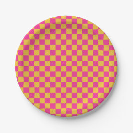 Prato De Papel Xadrez Rosa e Amarelo