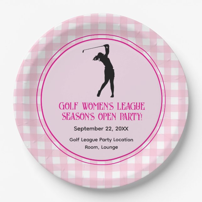 Prato De Papel Xadrez Rosa Meninas de Golfe League Plate (Frente)